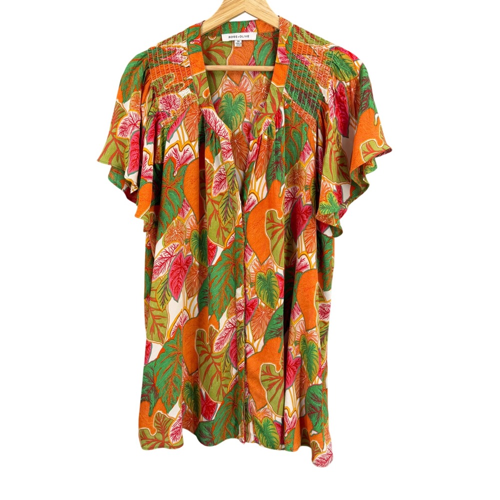 Rose + Olive Top 2X Orange Green Tropical Leaf Print Smocked Short Sleeve Blouse